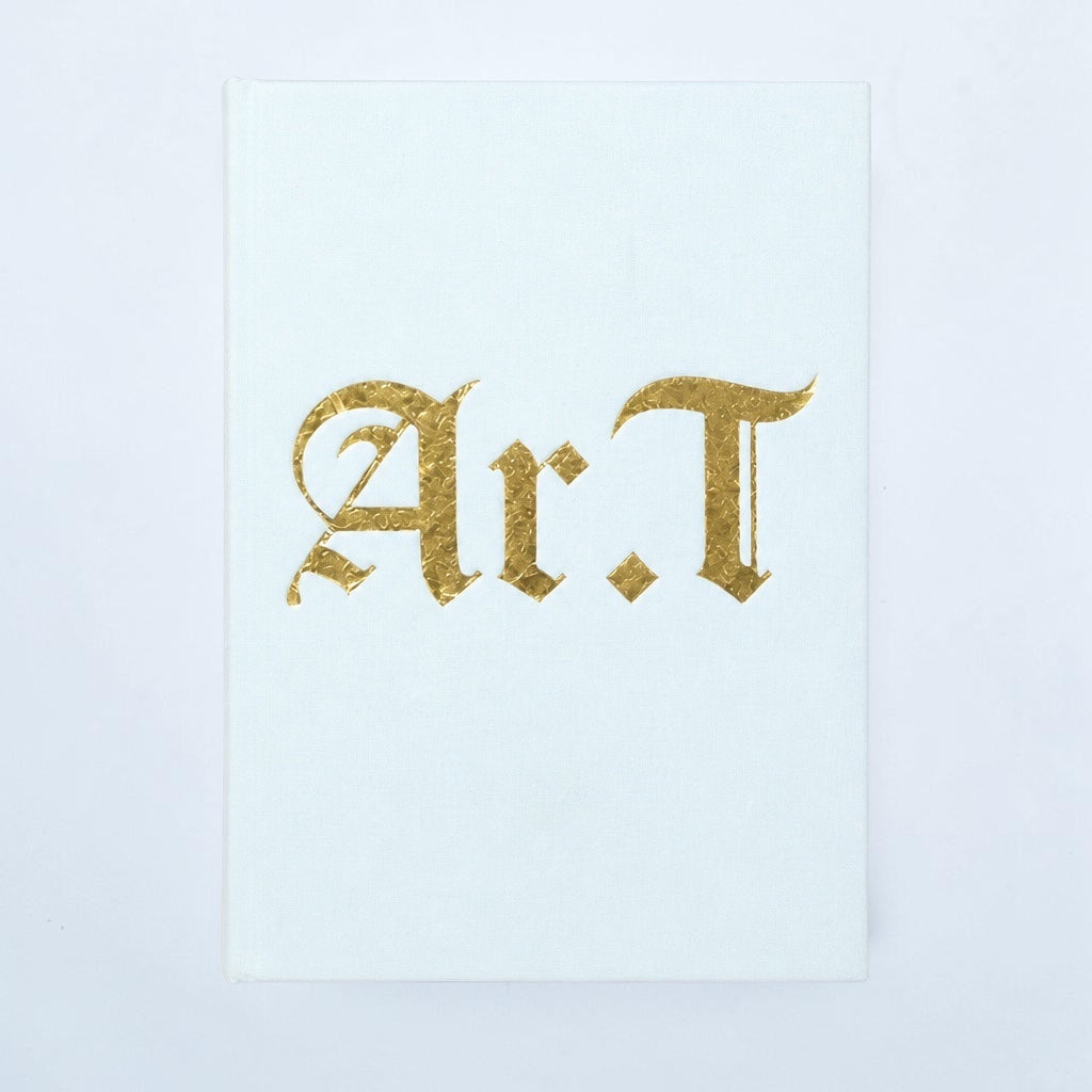 Outrageous Art Ar.T painting featuring gold gothic lettering on a light blue textured canvas for satirical home decor.