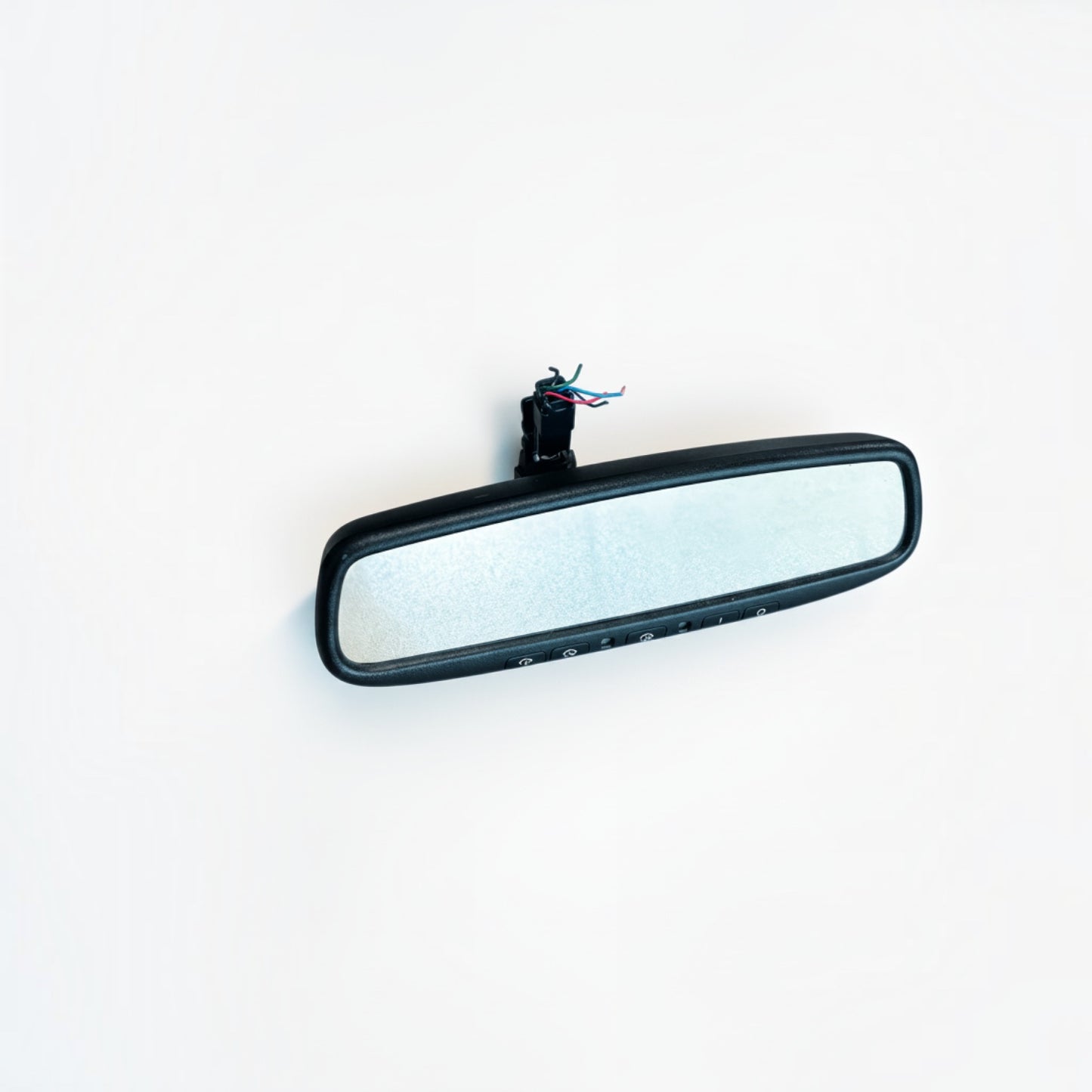 Outrageous Art black automotive rearview mirror with integrated control buttons and exposed wiring harness