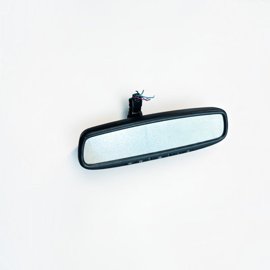 Outrageous Art black automotive rearview mirror with integrated control buttons and exposed wiring harness