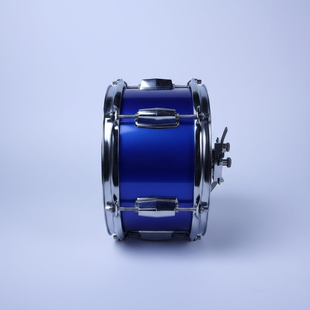 Outrageous Art royal blue snare drum with chrome hardware and black drumhead, side view on a white background.