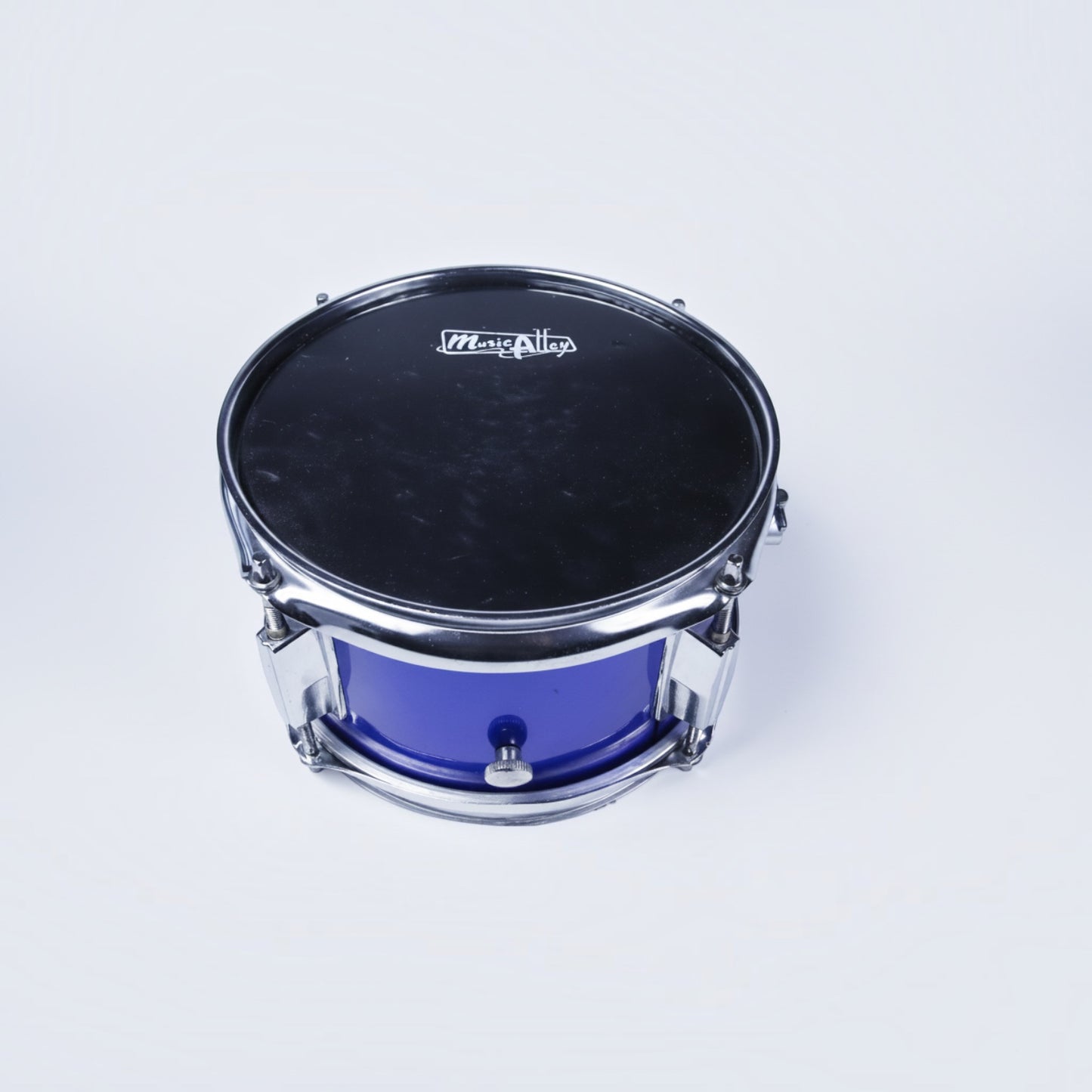Outrageous Art MusicAlley royal blue snare drum with a black drumhead and chrome hardware on a white background