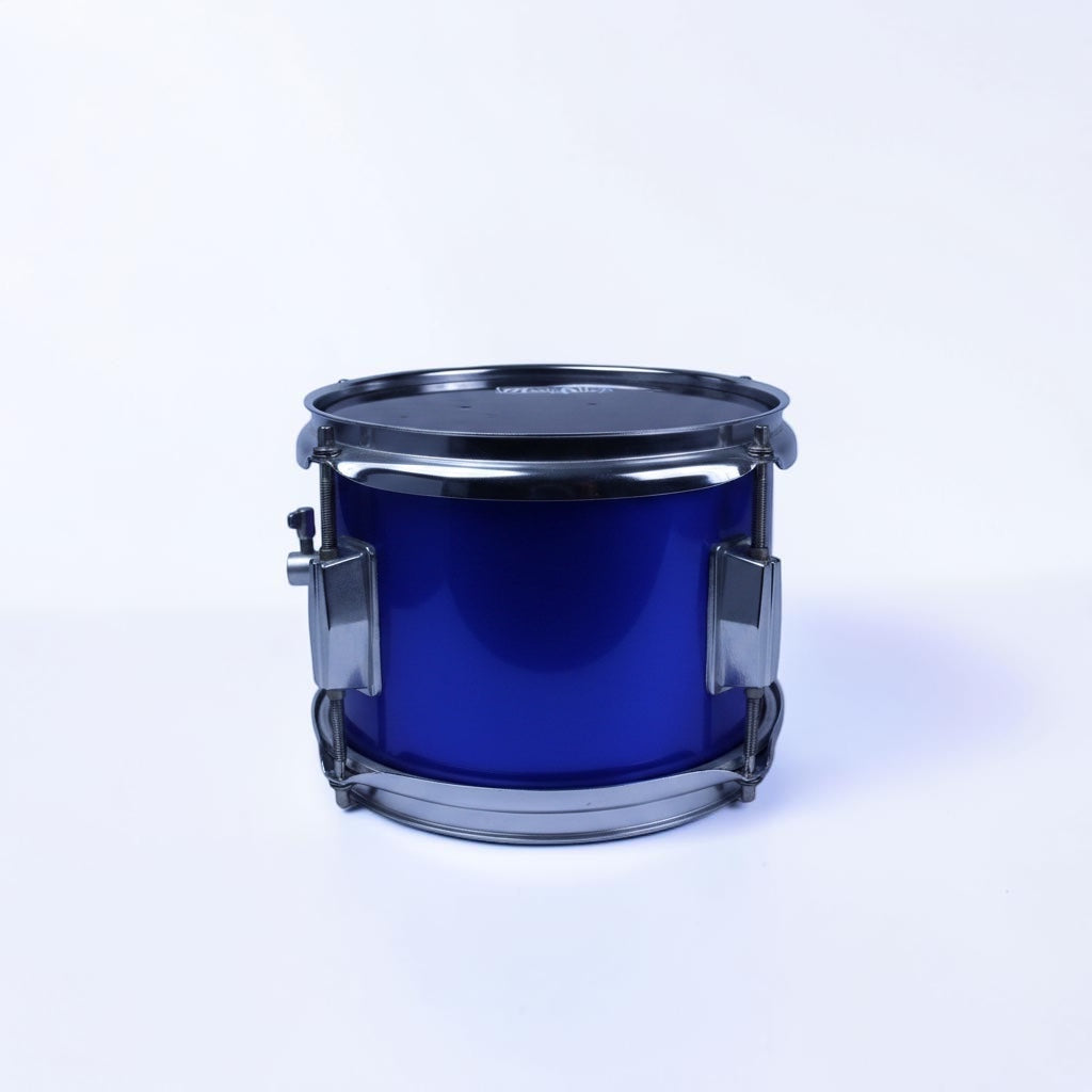 Outrageous Art blue tom drum for children with polished chrome hardware and adjustable tension rods.