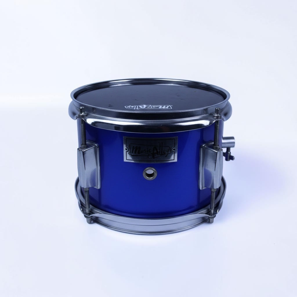 Outrageous Art blue Music Alley tom drum with chrome hardware for young percussionists on a white background.