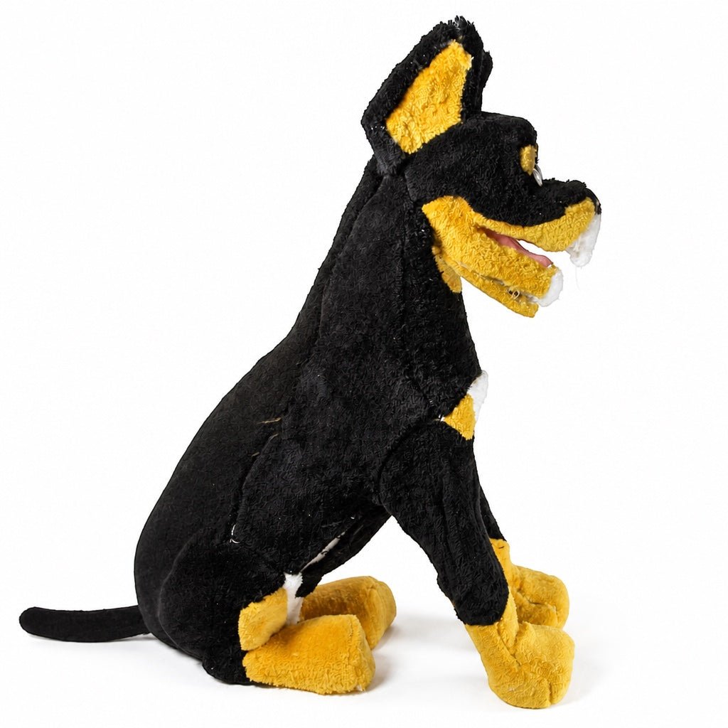 Outrageous Art 3D Braxton dog rug sculpture in black and tan plush fabric, side profile view of a sitting dog figure.