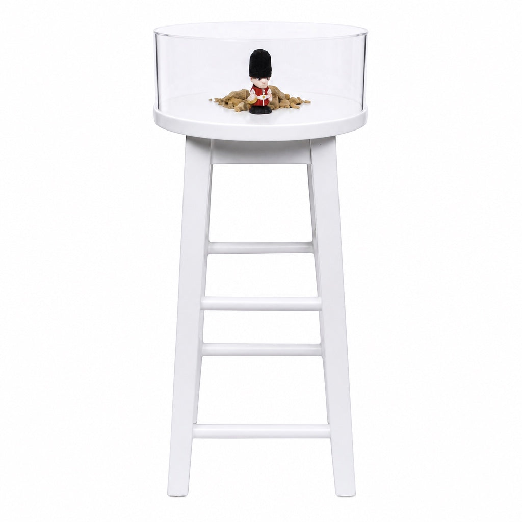Outrageous Art British Land Stool featuring a white wooden stool with a glass display case containing a toy soldier.
