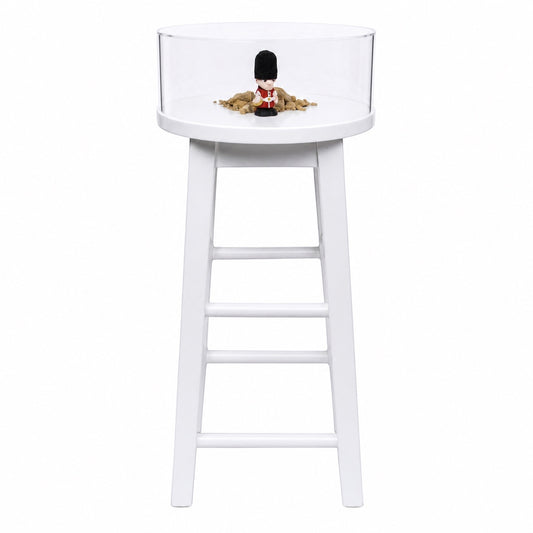 Outrageous Art British Land Stool featuring a white wooden stool with a glass display case containing a toy soldier.
