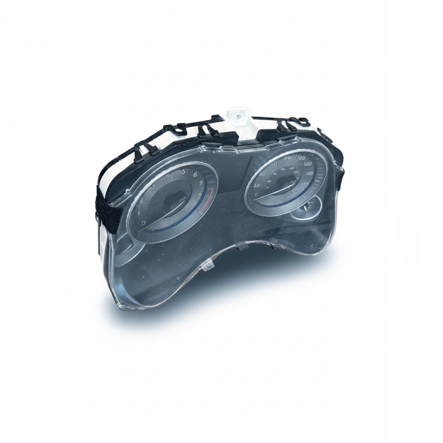 Outrageous Art car dashboard instrument cluster with clear protective cover and analog gauges on a white background