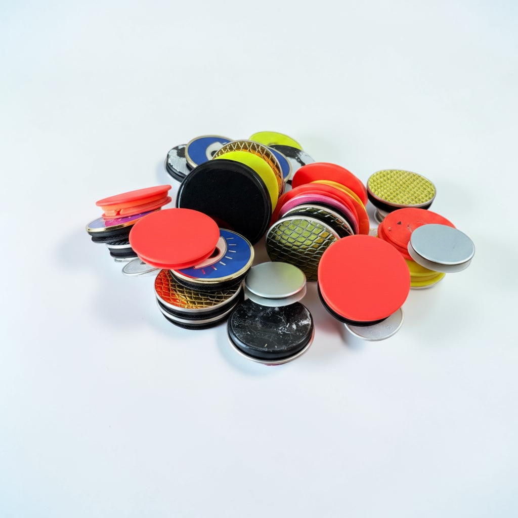 Outrageous Art assorted collapsible phone grips in vibrant neon, metallic, and patterned designs on a white background.