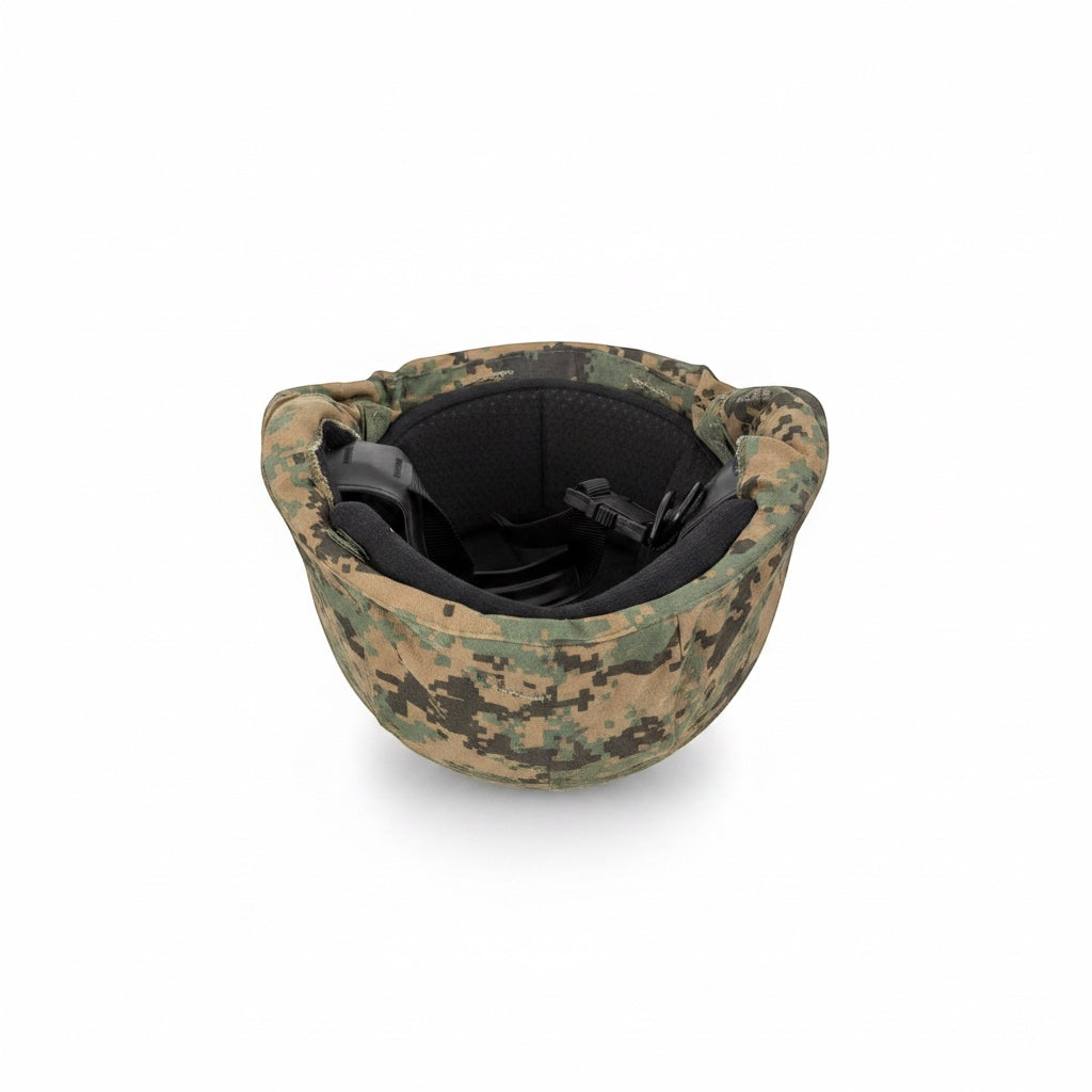 Outrageous Art tactical combat helmet with a digital woodland camouflage cover and padded interior suspension system.