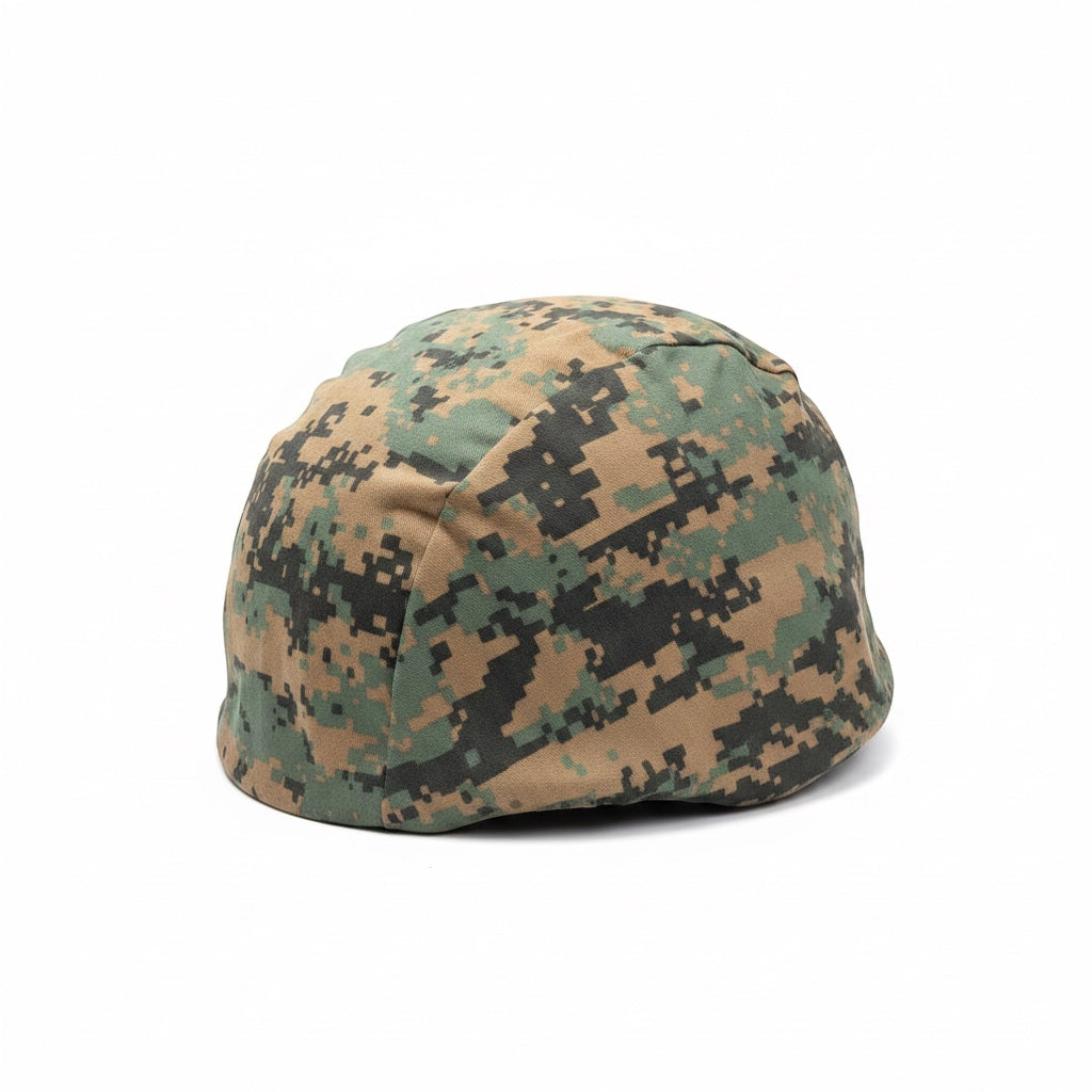 Outrageous Art tactical combat helmet cover in a digital woodland camouflage pattern for airsoft and outdoor training.