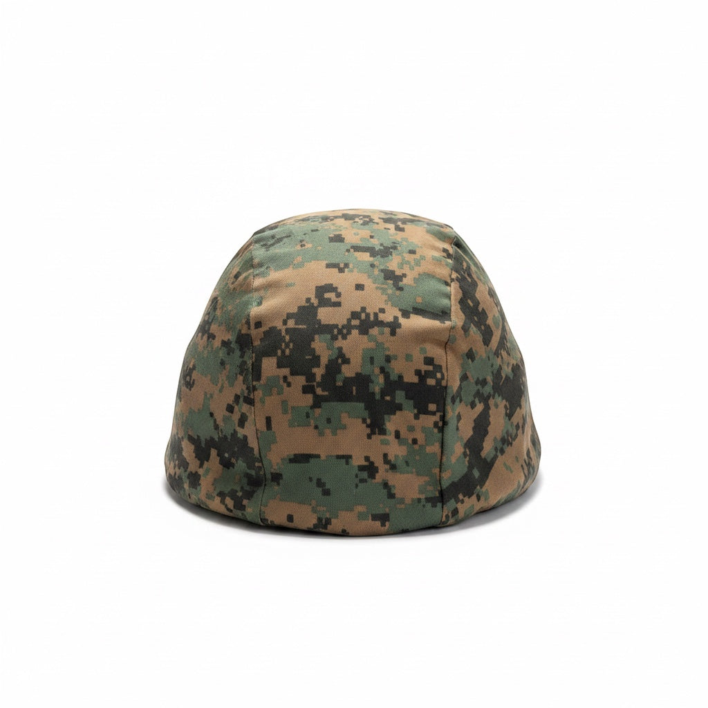 Outrageous Art tactical combat helmet cover in a digital woodland camouflage pattern for airsoft and training gear.