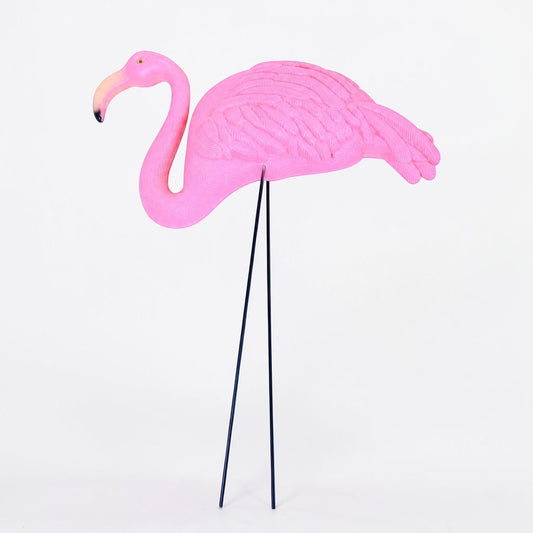 Outrageous Art Flamingo 1 yard ornament in bright pink with textured feathers and thin metal legs on white background