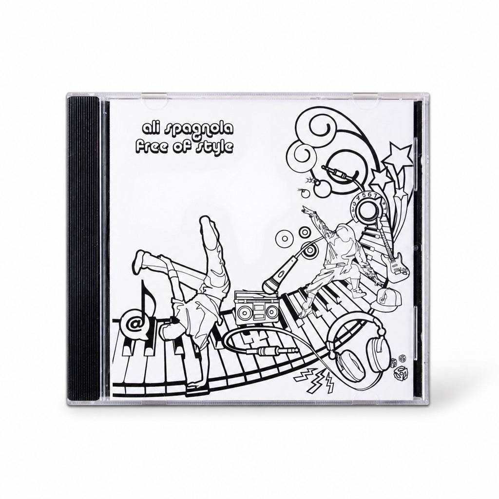 Outrageous Art Free of Style CD featuring black and white line art of musicians and musical instruments