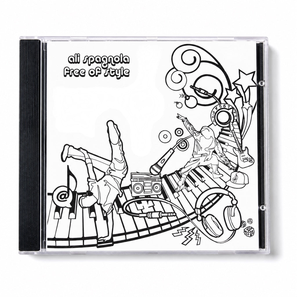 Outrageous Art Free of Style CD featuring Ali Spagnola with black and white line art illustration of musical elements