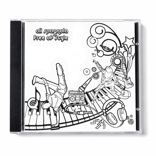 Outrageous Art Free of Style CD featuring Ali Spagnola with black and white line art illustration of musical elements