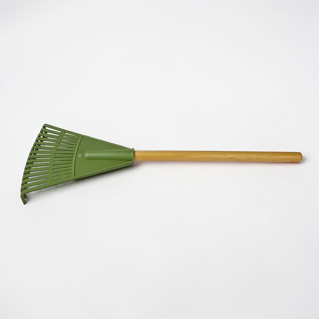 Outrageous Art garden leaf rake with a green plastic head and a smooth natural wood handle for lawn maintenance