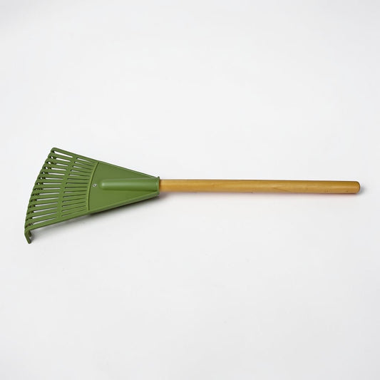 Outrageous Art garden leaf rake with a green plastic head and a smooth natural wood handle for lawn maintenance