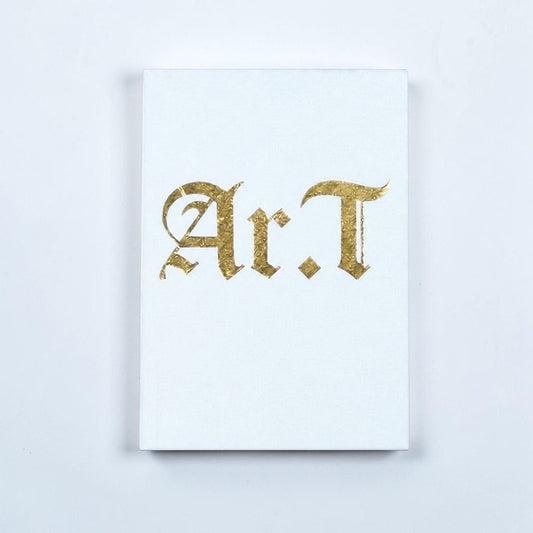 Outrageous Art Ar.T painting featuring gold gothic lettering on a minimalist light blue canvas for satirical decor.