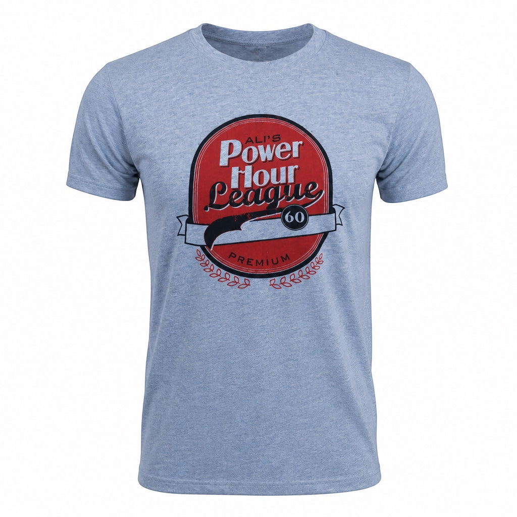 Outrageous Art gray cotton blend t-shirt featuring a vintage-style red Power Hour League logo graphic on the chest.