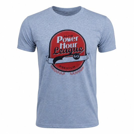 Outrageous Art gray cotton blend t-shirt featuring a vintage-style red Power Hour League logo graphic on the chest.