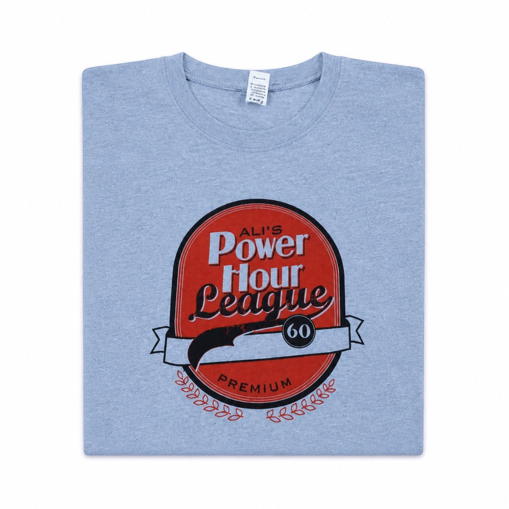 Outrageous Art gray cotton blend t-shirt featuring a red Power Hour League logo graphic on the front.