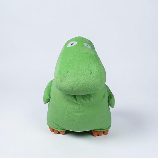 Outrageous Art lime-green plush dinosaur stuffed animal with orange feet and a friendly, squishy rounded design.