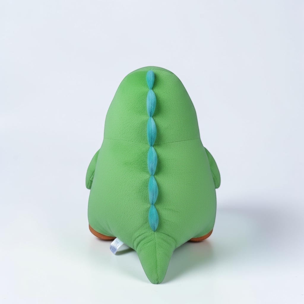 Outrageous Art lime-green plush dinosaur toy with light blue dorsal spikes, viewed from the back.