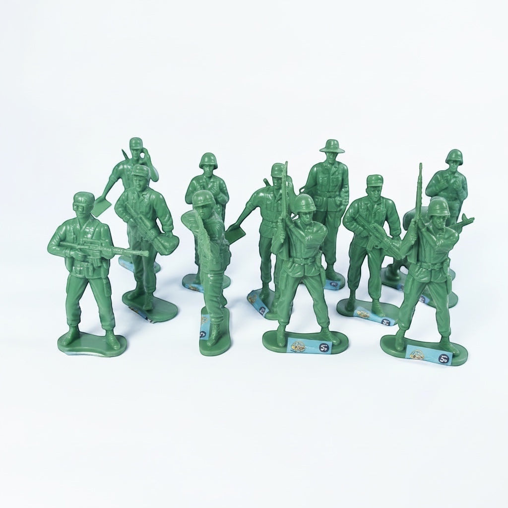 Outrageous Art set of classic green plastic toy soldier infantry figurines in various action poses on a white background