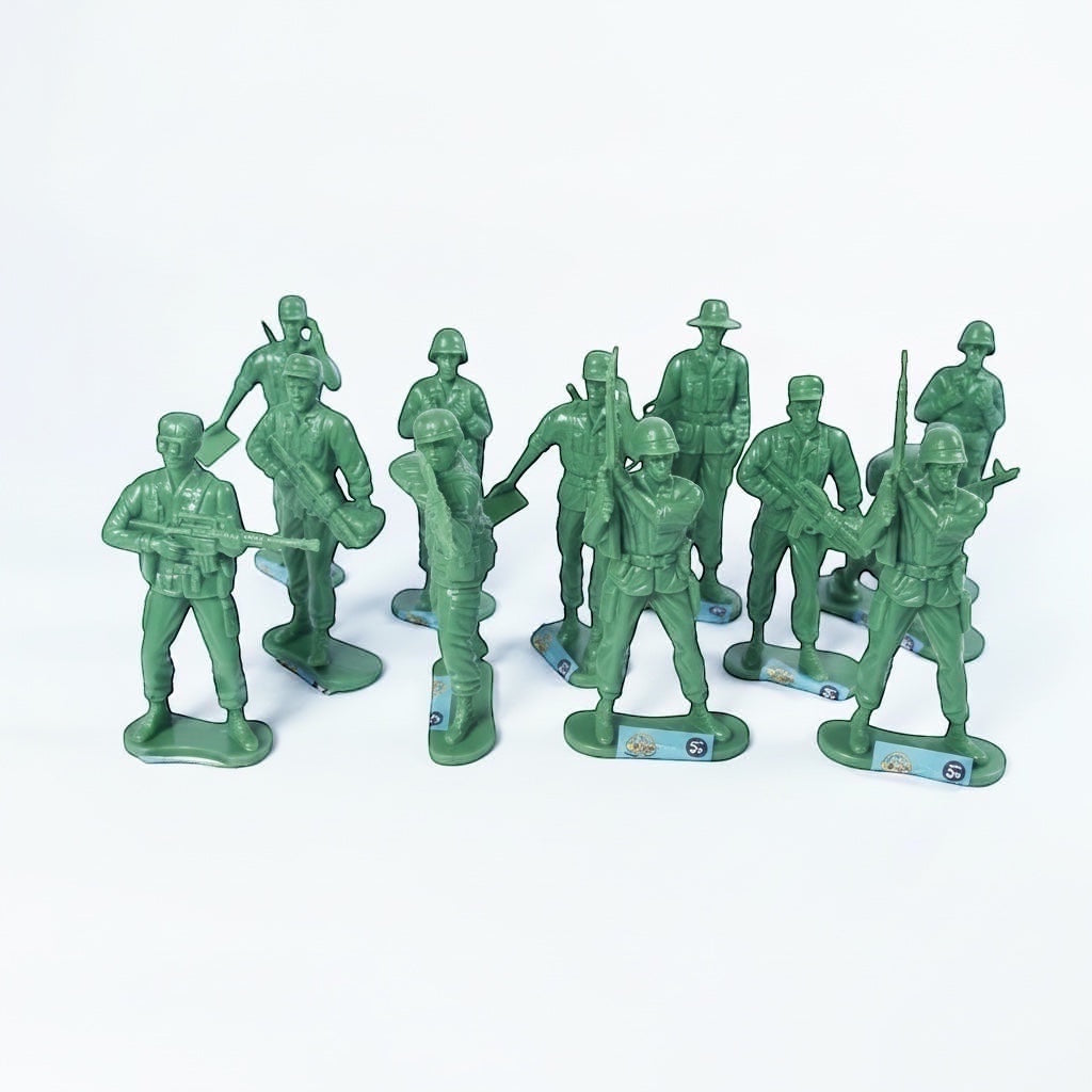 Outrageous Art set of classic green plastic toy soldier action figures in various military poses on a white background.