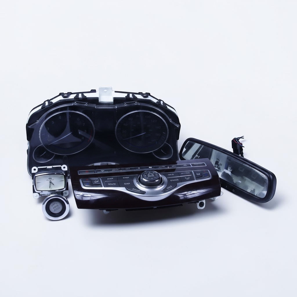Outrageous Art Infiniti interior dashboard component bundle featuring instrument cluster, console, clock, and mirror.