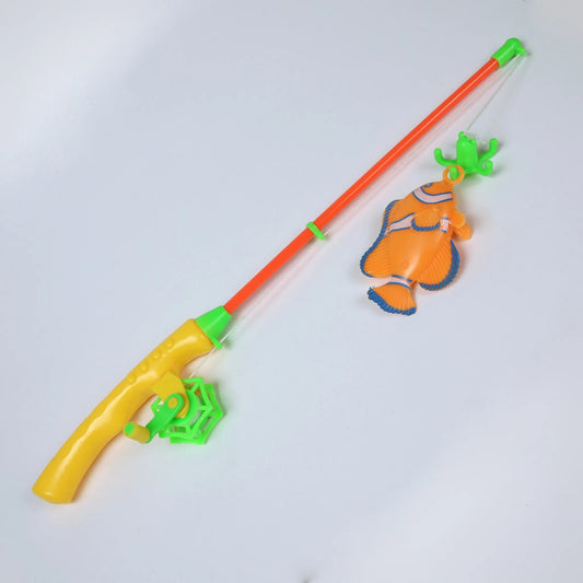 Outrageous Art children's fishing rod toy with orange rod, yellow handle, and plastic clownfish and octopus figures.