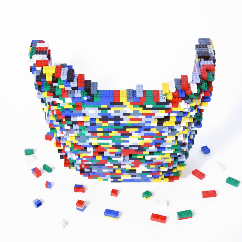 Outrageous Art Lego Toilet sculpture made of colorful interlocking plastic building blocks on a white background.