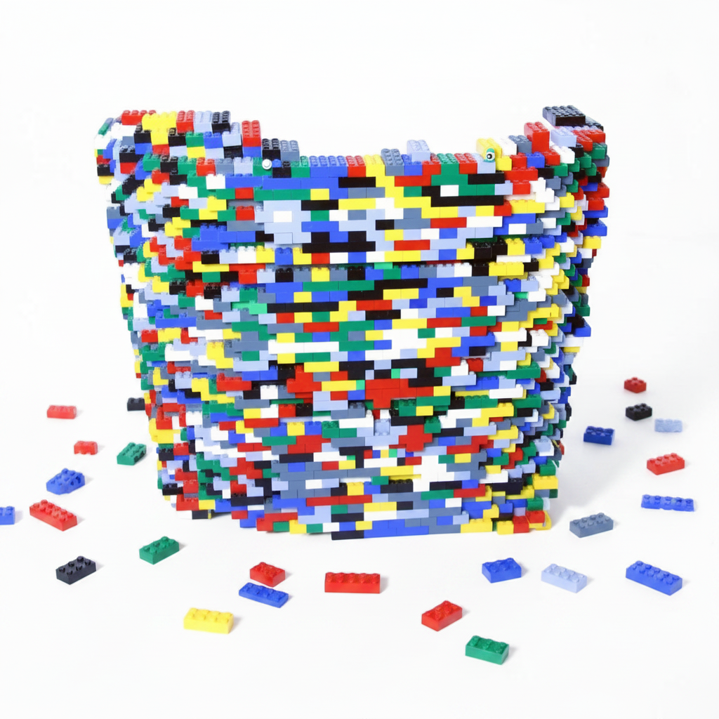 Outrageous Art Lego Toilet sculpture made of colorful interlocking plastic building blocks on a white background