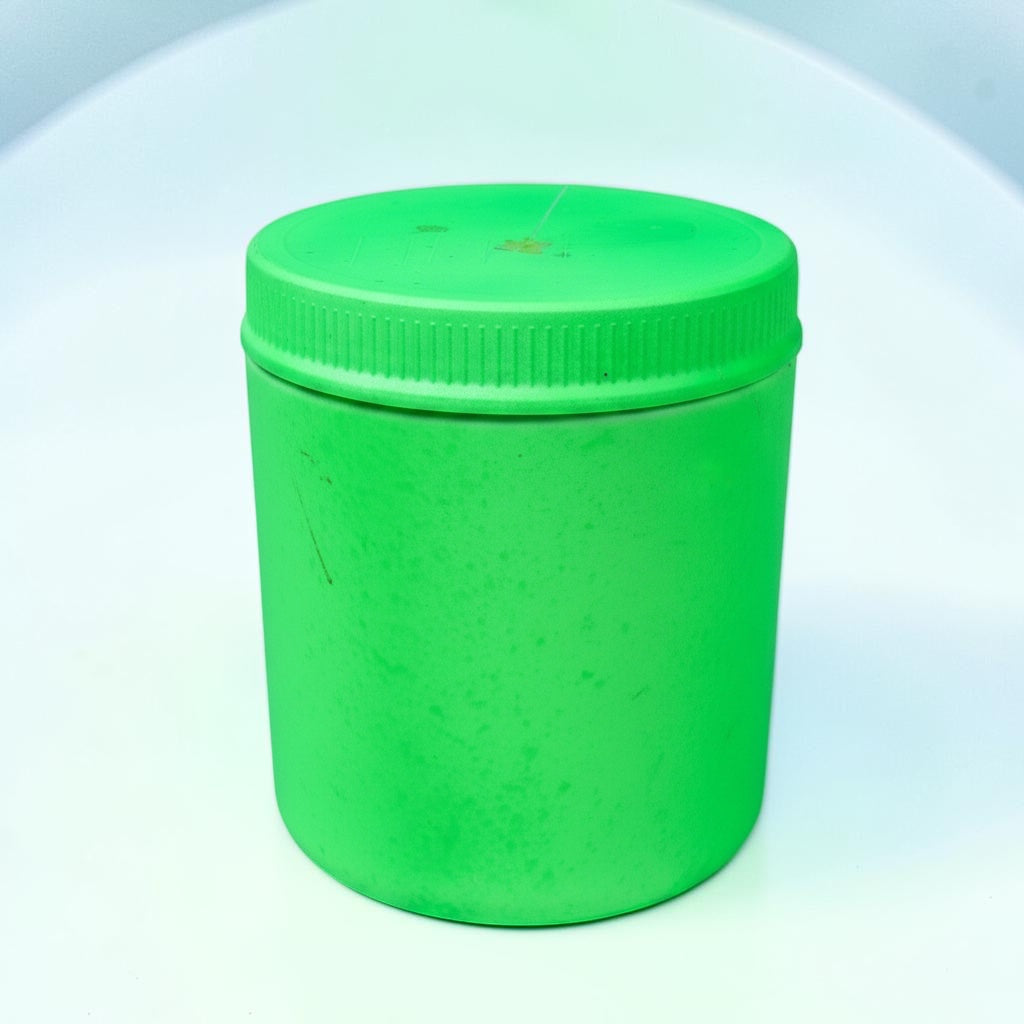 Outrageous Art neon green plastic storage container with a secure screw-top lid for organizing craft supplies.