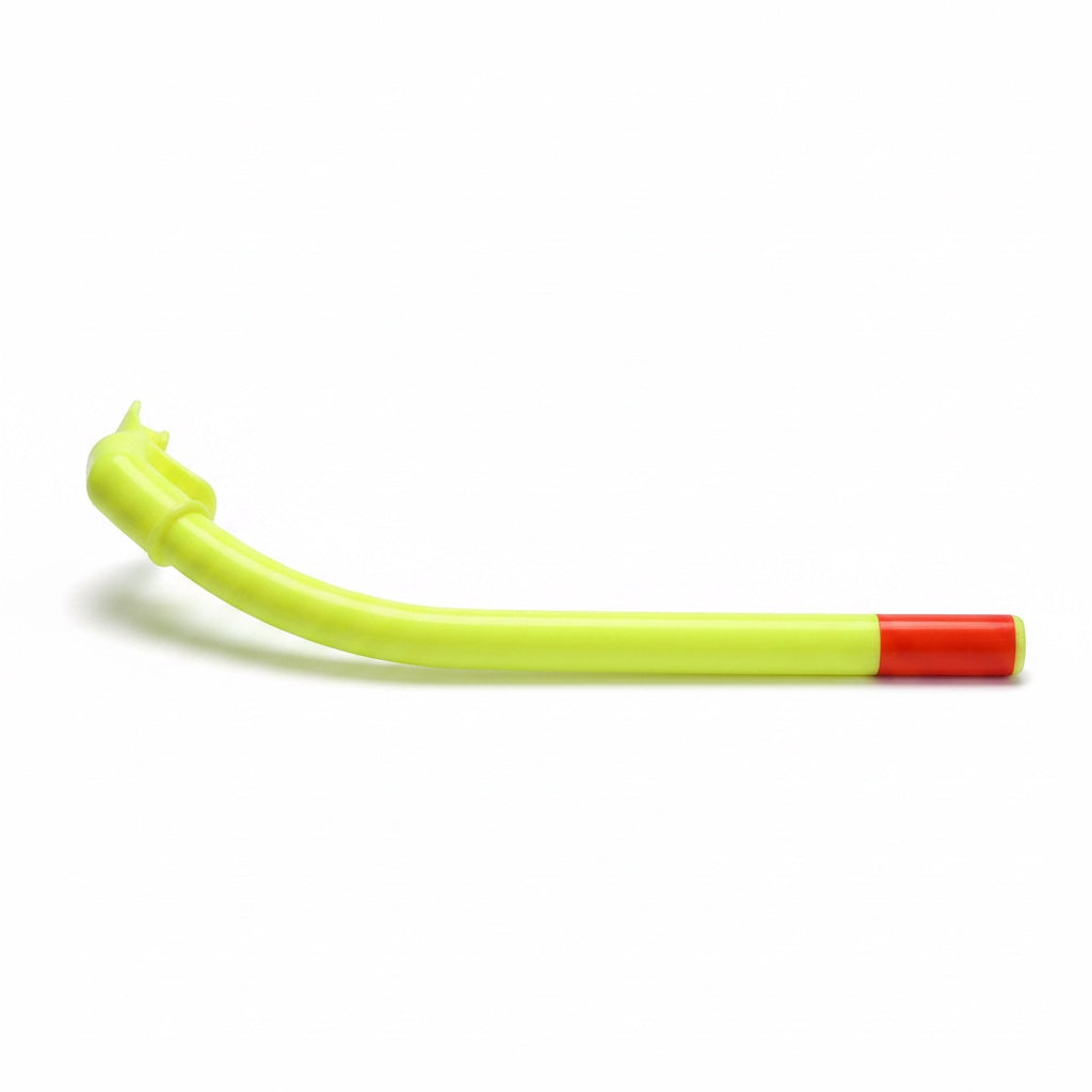 Outrageous Art neon yellow swimming snorkel with a bright red tip and ergonomic mouthpiece for pool training.