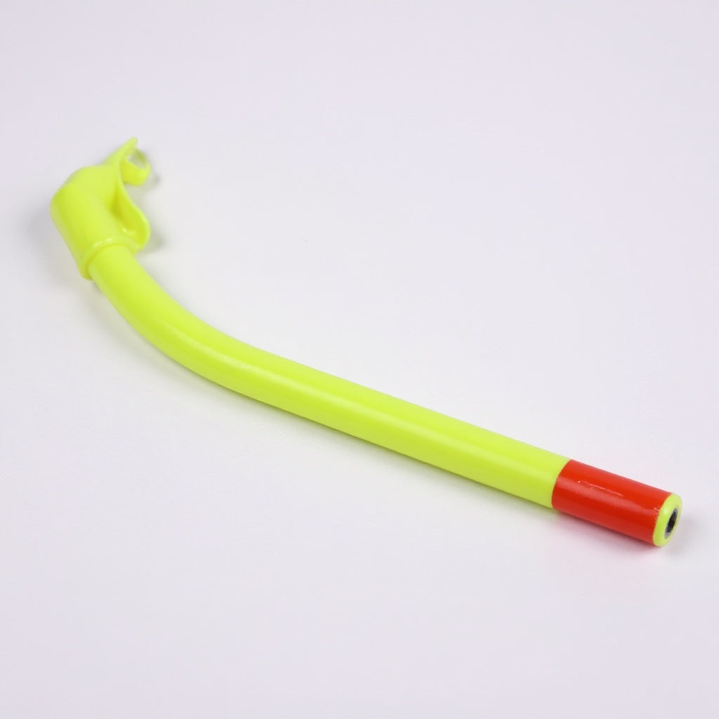 Outrageous Art neon yellow swimming snorkel with a bright red tip for high visibility during water sports.