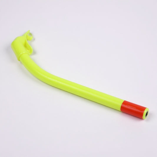 Outrageous Art neon yellow swimming snorkel with a bright red tip for high visibility during water sports.