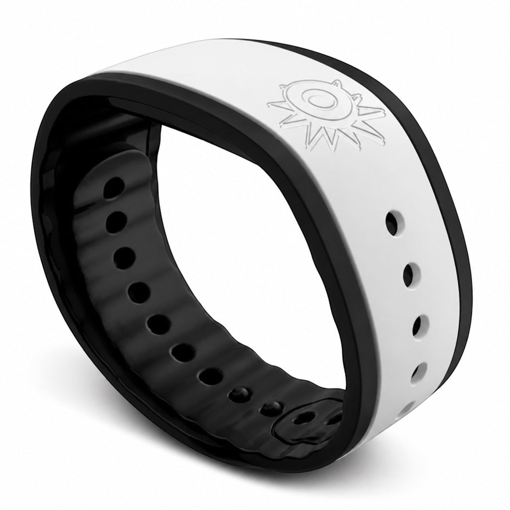 Outrageous Art O Club wristband in black and white with an adjustable silicone strap and embossed sun logo