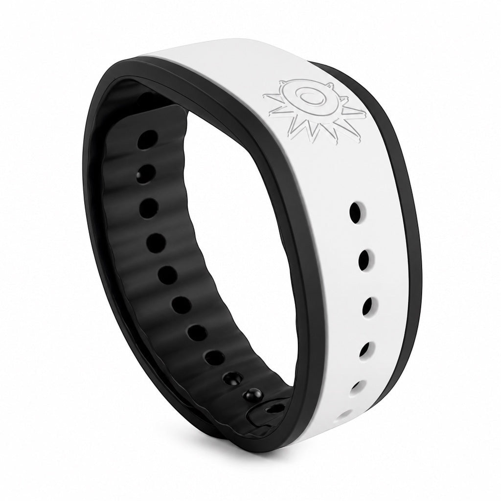 Outrageous Art O Club wristband in black and white silicone with an adjustable strap and engraved sun logo.