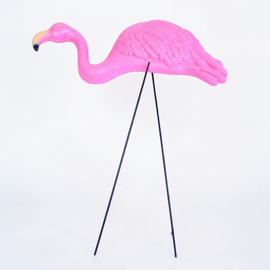 Outrageous Art Flamingo 2 vibrant pink plastic yard ornament with retro charm and thin metal legs for garden decor.