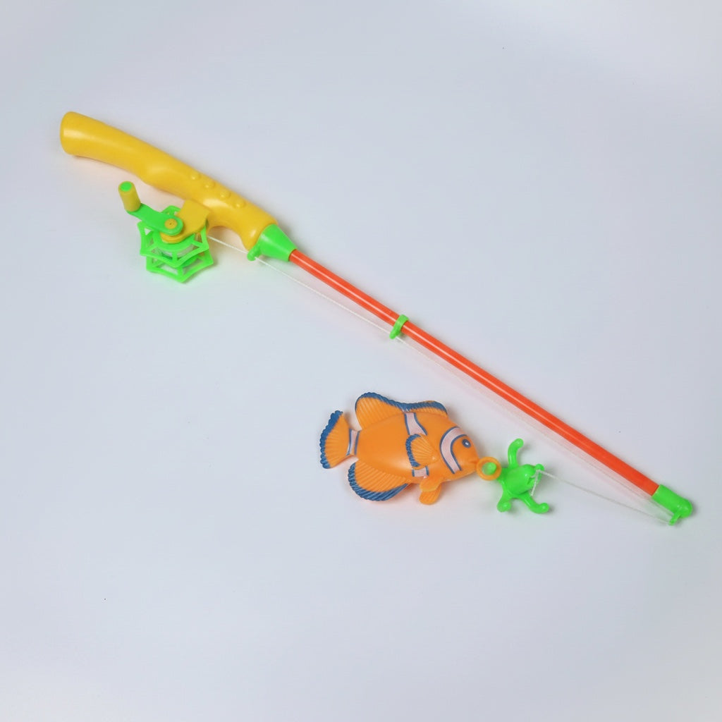 Outrageous Art plastic fishing rod toy with orange pole, yellow handle, and a clownfish toy on a white background