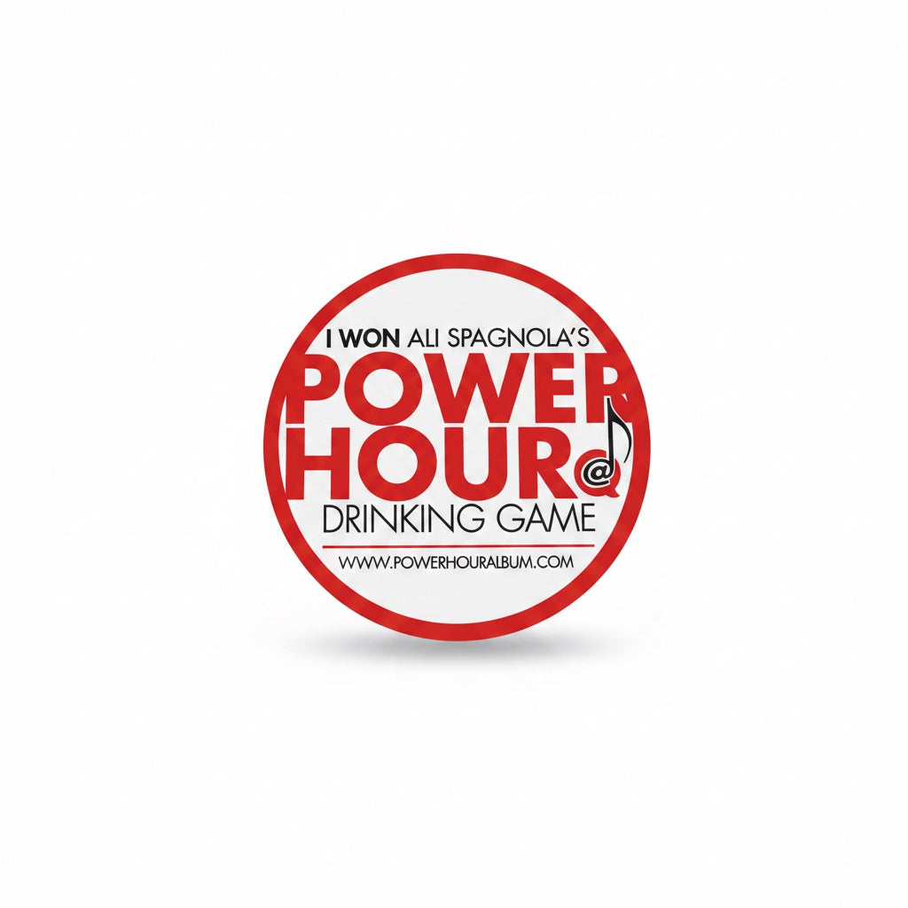 Outrageous Art circular Power Hour drinking game coaster with red and black branding on a white background