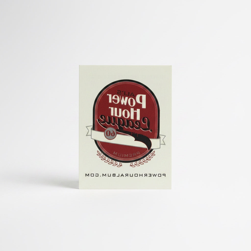Outrageous Art Power Hour League adhesive sticker in red and white with vintage laurel leaf emblem design.
