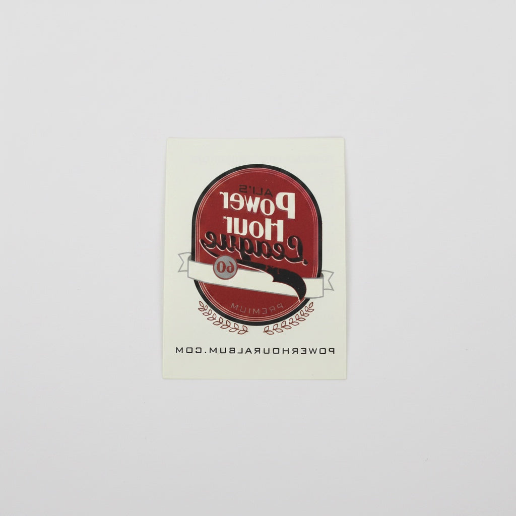 Outrageous Art Power Hour League adhesive decal with a vintage red and white emblem design on a white background.