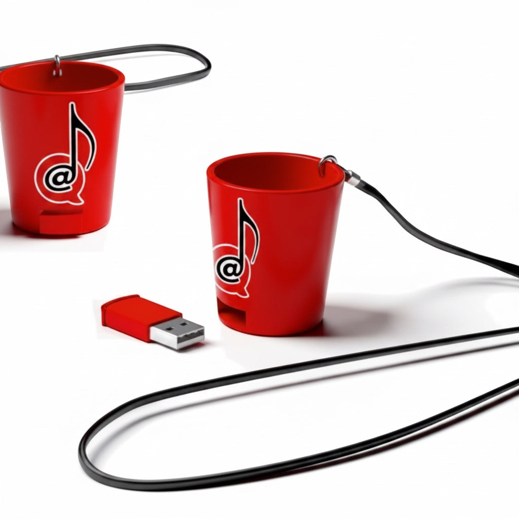 Outrageous Art Power Hour shot glass with integrated USB drive and black lanyard featuring a musical note logo