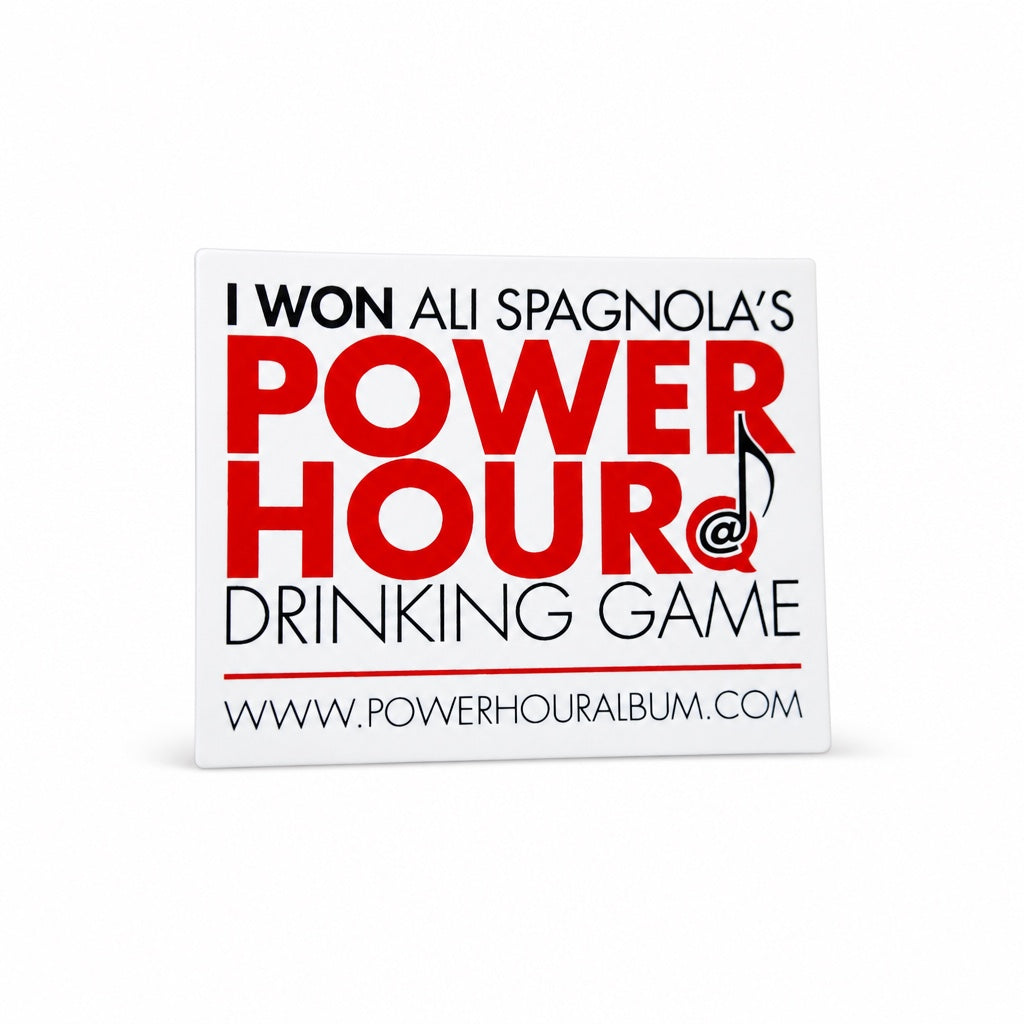 Outrageous Art Power Hour Drinking Game rectangular sticker with bold red and black text on a white background.