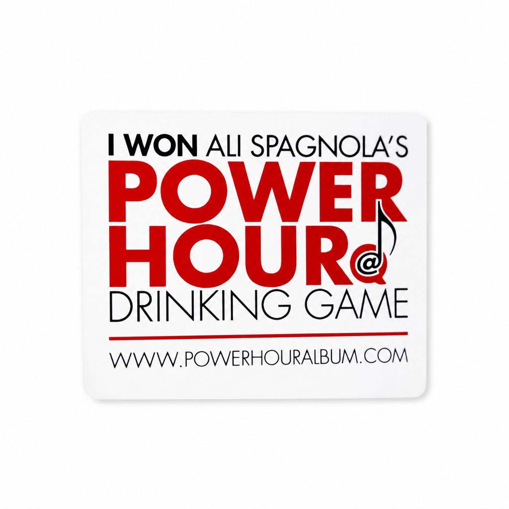 Outrageous Art Power Hour Drinking Game sticker with bold red and black text on a white background.