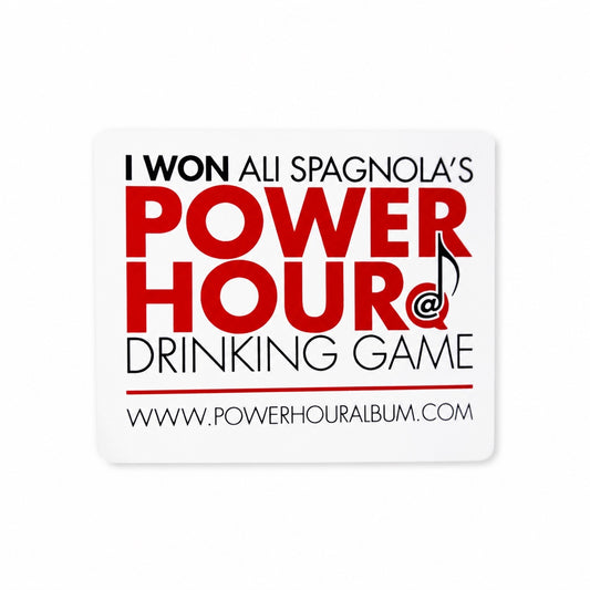 Outrageous Art Power Hour Drinking Game sticker with bold red and black text on a white background.