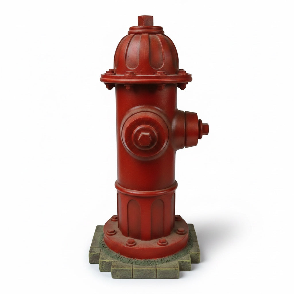 Outrageous Art red fire hydrant sculpture with a weathered finish and industrial bolt details for indoor or outdoor decor.