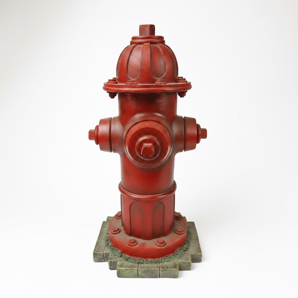 Outrageous Art red fire hydrant sculpture with a weathered industrial finish and realistic bolt details
